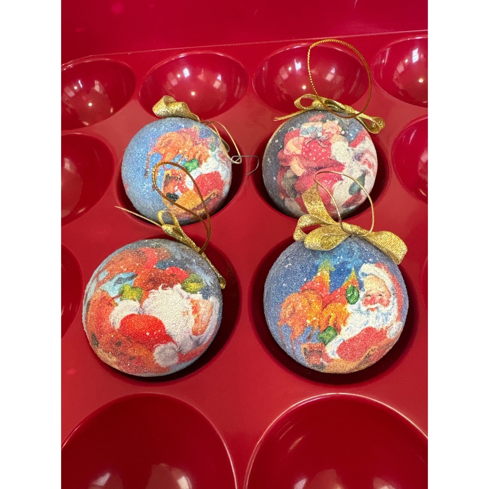 Vintage Style Santa Claus Christmas Ornaments Set of 4 Glitter Gold Bows Blue - Picture 3 of 3